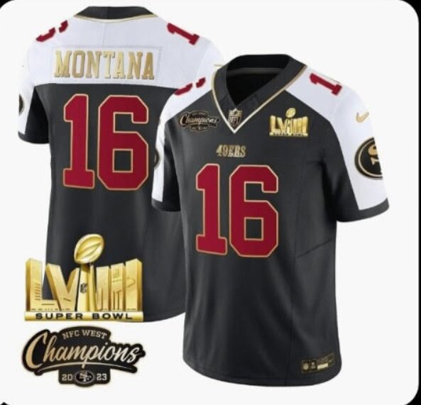 Men San Francisco 49ers 16 Montana Black 2024 Nike 2023 super bowl Patch Vapor NFL Jersey style 1